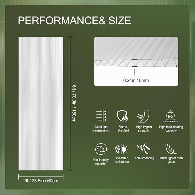 UMIG 8 PCS 6' x 2' x 0.24'' Polycarbonate Greenhouse Panels Twin-Wall Waterproof UV Protected Corrugated Plastic Roof Panels Sheets Clear Replacement Panels for Greenhouse Outdoor Plant