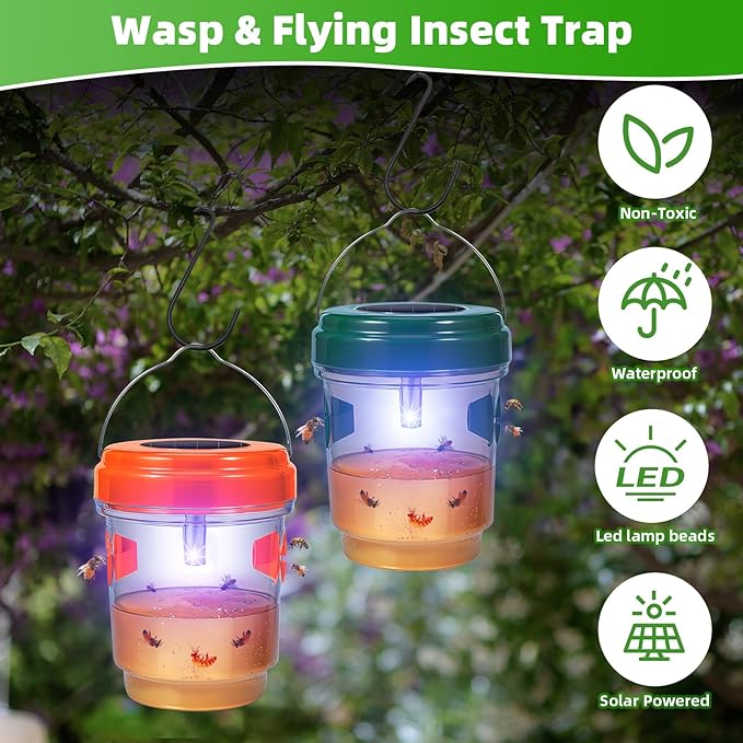 4 Pack Solar Powered Lighted Wasp Trap Outdoor Hanging Hornet Bee Effective Wasp Bee Repellent with Attraction Light