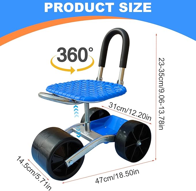 NIDONE Garden Seat with Wheels 360° Swivel＆Adjustable Height Garden Stool with Wheels Heavy Duty Rolling Seat with Foldable Backrest and Storage Basket for Patio Yard Outdoor