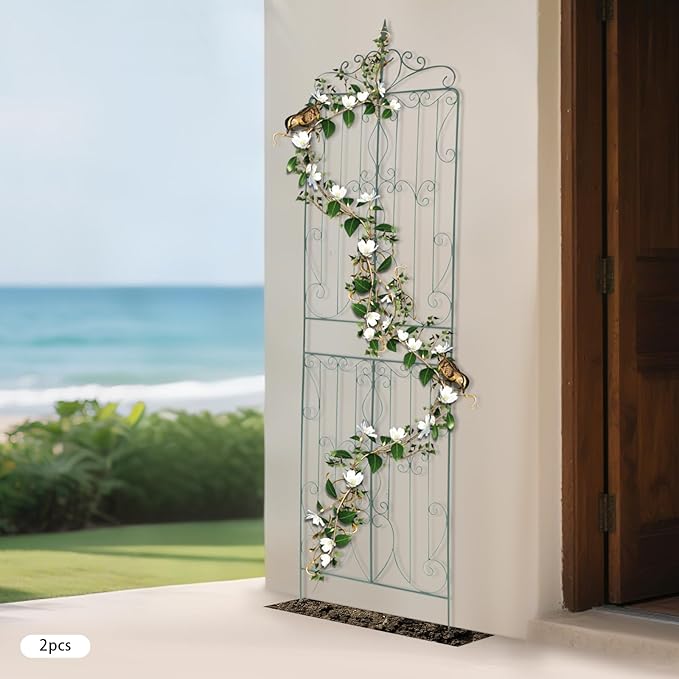 2-Pack Iron Garden Trellis for Climbing Plants 25.59x93.3 Inch Rustic Outdoor Plant Support for Cucumber Morning Glory Ivy Vertical Gardening Yard Patio Lawn Decor (Green)