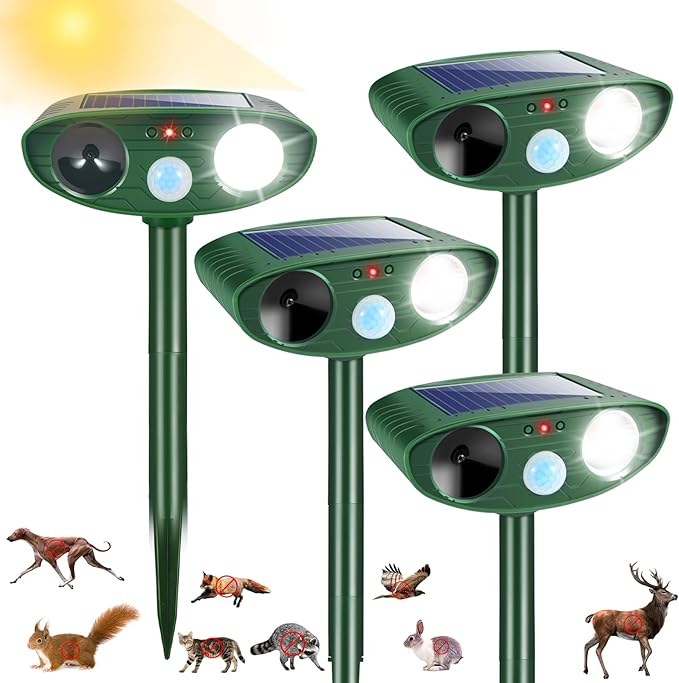 4 Pack Solar Ultrasonic Animal Repeller Outdoor Cat Deer Repellent Devices with Strobe LightAnimal Deterrent Devices for Squirrel Rabbit Raccoon Dog Skunk Repellent for Yard Garden Farm