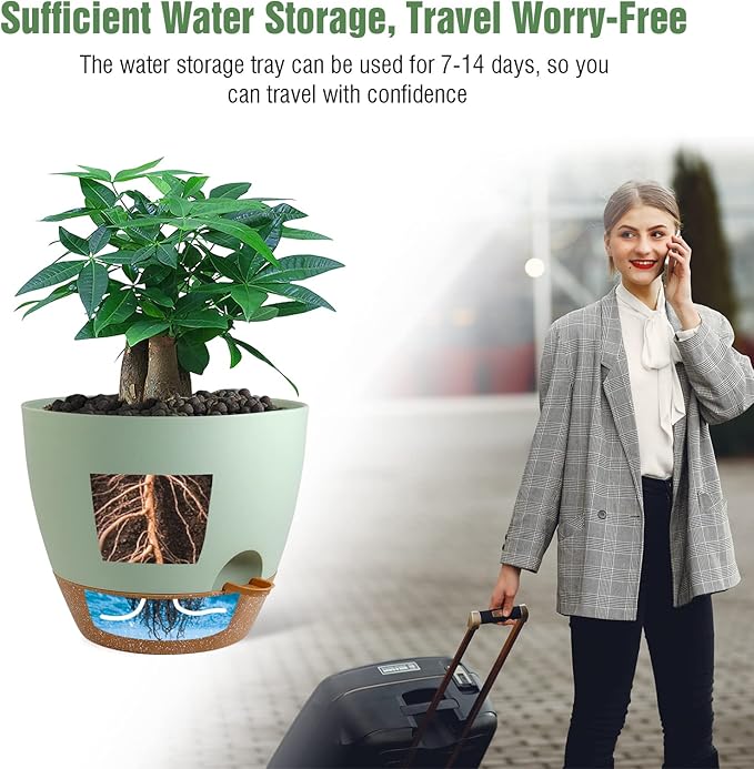 12 inch Large Self Watering Pots Plastic Planters with 60oZ Removable Deep Reservoir and Multi Mesh Drainage Holes for Indoor Outdoor Garden Plants and Flowers Green with Brown