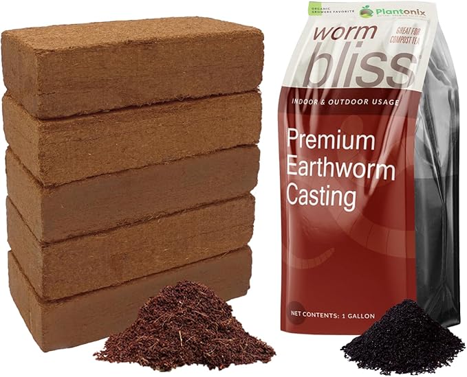 Coco Coir 650gm Bricks (5-Pack) + Worm Bliss (1 Gallon) - Organic Coco Coir for Plants &amp Worm Castings for Plants - Coconut Coir Bricks - Earthworm Castings Worm Fertilizer - Garden Soil Potting M