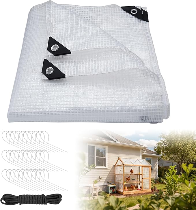 16Mil Clear Greenhouse Tarp Heavy Duty Clear Tarp with Grommets 6x10FT Reinforced Poly Transparent Greenhouse Plastic Cover Waterproof UV Resistant for Gardening Farming Canopy Chicken Coop