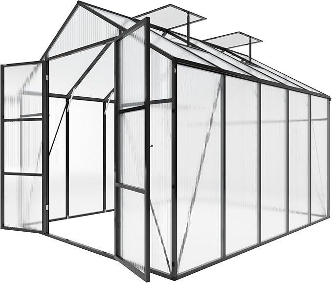 Greenhouse for Outdoors 8x10x7.8FT Polycarbonate Greenhouse with Stronger Wind Protection and Roof Vent Walk-in Large Aluminum Sunroom Winter Proof Black