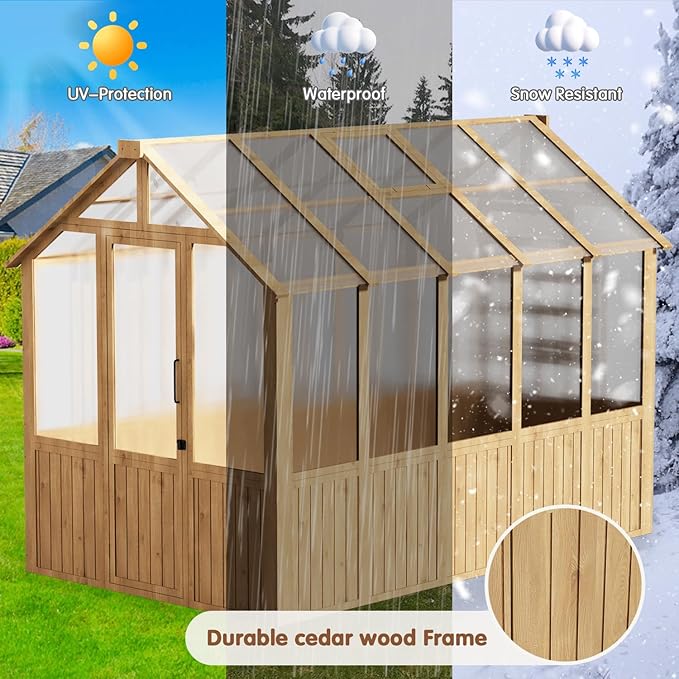 EBE 6'x10' Greenhouse for Outdoor Wooden Walk-in Greenhouse with Polycarbonate Panel and Adjustable Roof Vent Garden Greenhouses for Patio Yard and Backyard