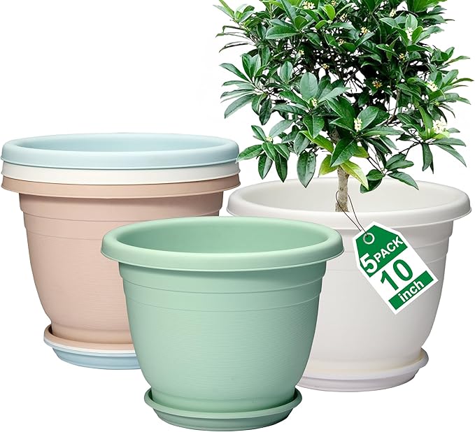 5 Packs 10 inch Plant Pots + Saucer Planters for Indoor &amp Outdoor Plants with Drainage Holes | Plastic Flower Pots Large Planter (Colorful 10 inch)
