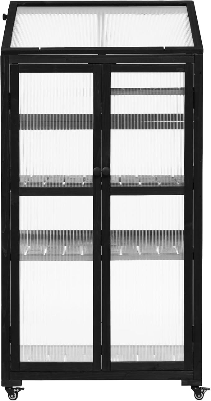 62inch Height Wood Large Greenhouse Balcony Portable Cold Frame with Wheels and Adjustable Shelves for Outdoor Indoor Backyard Mudroom (Black/Garden)