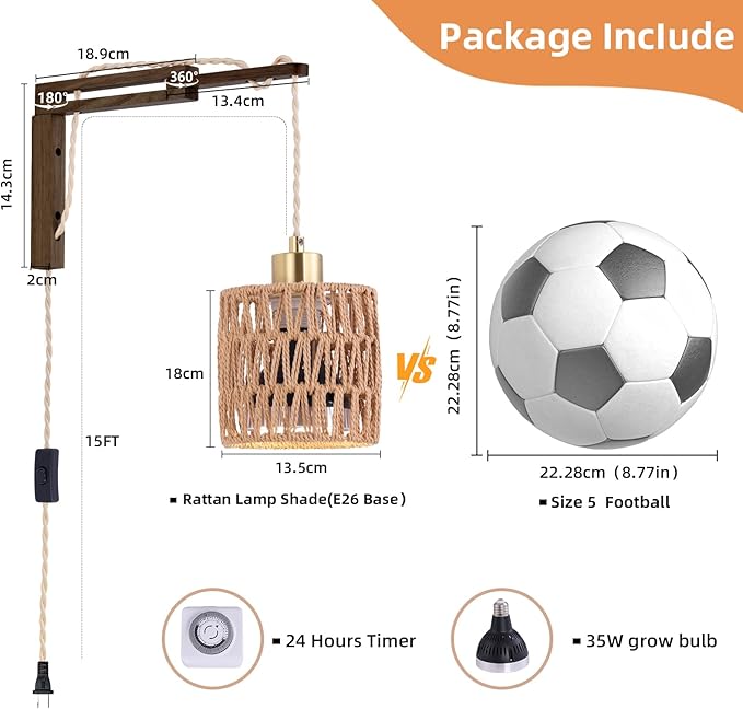 Hanging Grow Lights for Indoor Plants - 35W 4000K Full Spectrum Plant Light Wall Mounted Grow Light with Wooden Bracket Timer 15FT Power Cord Ideal for Plants Flowers &amp Home Decor