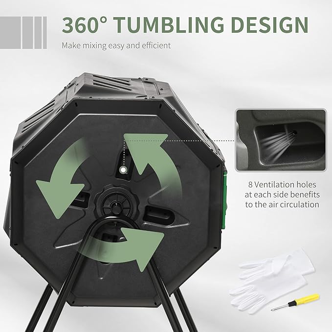 Compost Bin Outdoor 43 Gallon Dual Chamber Tumbling Composting with Sliding Doors Large Compost Tumbler Compost Bin for Garden Kitchen and Yard Waste Black+Green