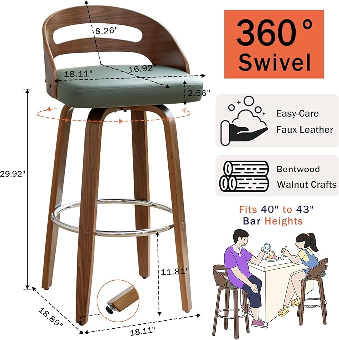 Bar Stools Set of 2 Swivel Bar Stools with Walnut Craftsmanship Bentwood Curved Back Upholstered Faux Leather Soft Cushion Seat Mid Century BarStools for Bar/Pub/Cafe (Green 30 Seat Height)