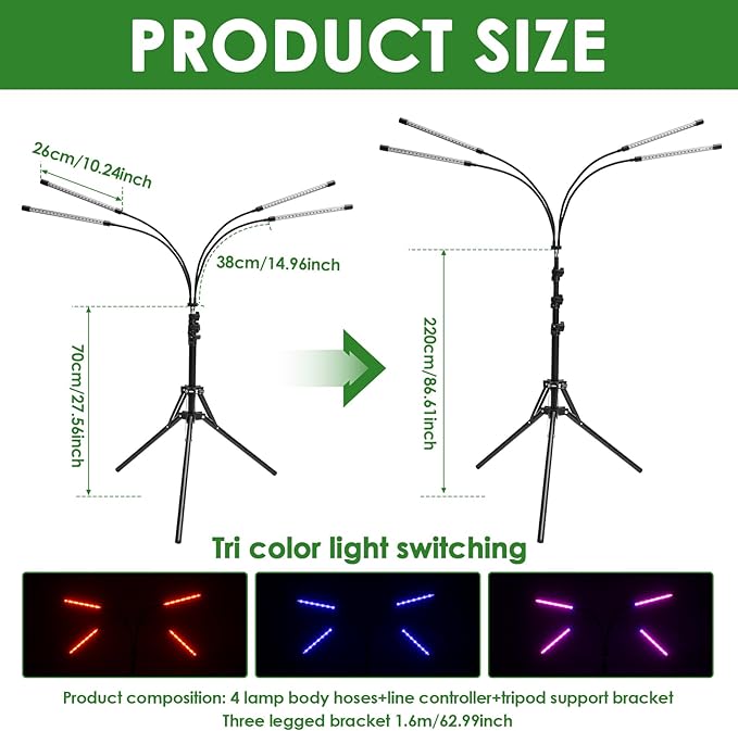 Grow Light 80 LEDs Full Spectrum Grow Lamp with 3/9/12H Timer Flexible Floor Grow Lamp with 28-87 inches Adjustable Tripod Stand 3 Color Modes Vegetation Grow Light for Succulents