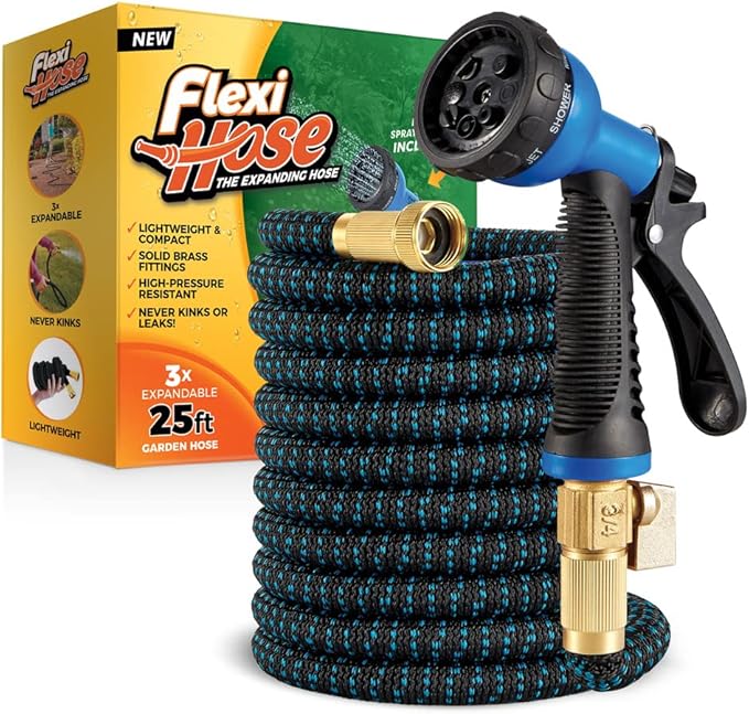 Flexi Hose Expandable Garden Hose with 8 Function Nozzle 25FT - Lightweight Retractable Garden Hose Water Hose - No-Kink Flexibility 3/4 Inch Solid Brass Fittings and Double Latex Core