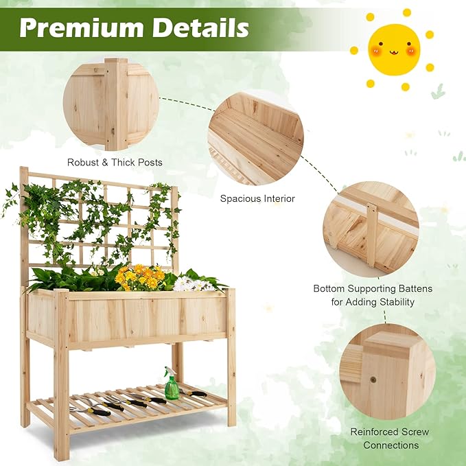 Giantex Wood Planter with Trellis Standing Raised Garden Bed Liner Storage Shelf Elevated Plant Box Stand for Climbing Flower Vegetable Herb Indoor Outdoor Patio Lawn Balcony