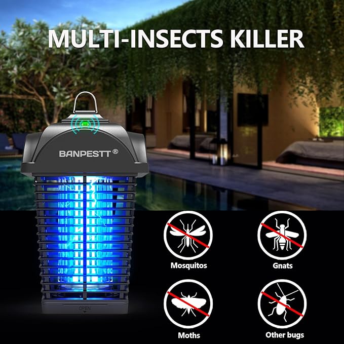BANPESTT Bug Zapper &amp Electric 4000V Mosquito Killer – Waterproof Indoor/Outdoor with Dusk-to-Dawn Sensor Durable Grid &amp Easy-Clean Tray for Patio Garden &amp Home (Black)