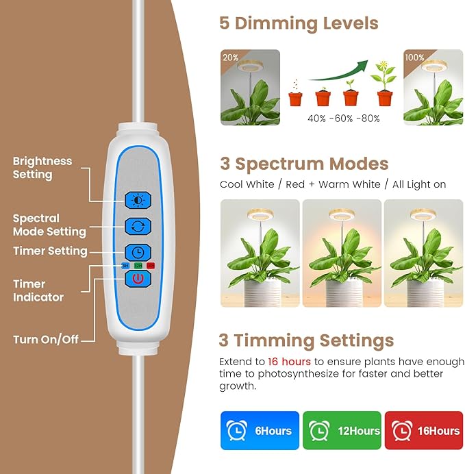 Kullinss Grow Light 48 LEDs Full Spectrum Plant Lights for Indoor Growing with Base Wood Grain Small Plant Growing Lamp with 6/12/16H Timer 3 Color Modes 5 Brightness 6.5-26 Height Adjustable