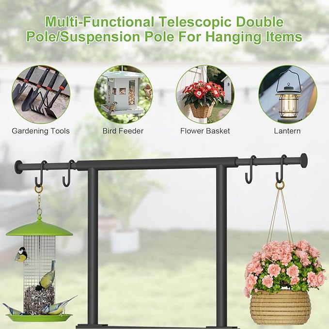 Garden Hose Holder with Telescopic Pole Upgraded Heavy Duty Hose Stand Holds 150ft with 4 Spikes Freestanding Metal Hose Storage and Hanger for Outside Yard Lawn Farm Black
