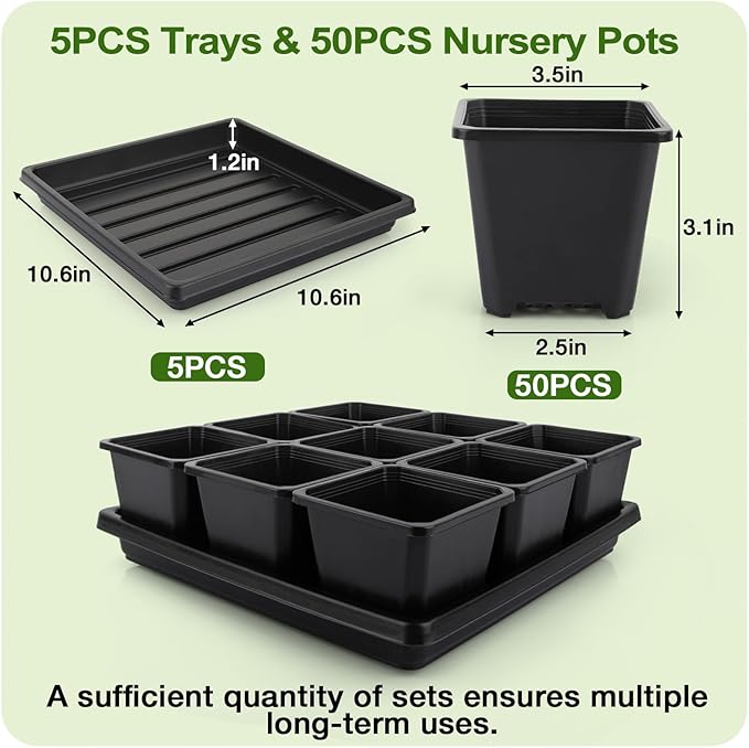 50Pcs 3.5inch Square Nursery Pots with 5Pcs Seed Starting Trays Seed Starter Tray Kit Seeds Starting Germination Seeding Pots with Drain Holes Small Plant Nursery Propagation