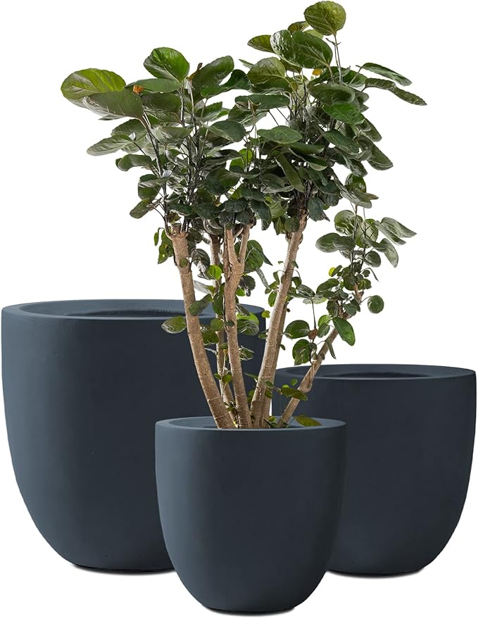 Kante 2016.513.4 Dia Round Concrete Planters (Set of 3) Outdoor Indoor Modern Decorative Plant Pots with Drainage Hole &amp Rubber Plug for Home &amp Garden Charcoal