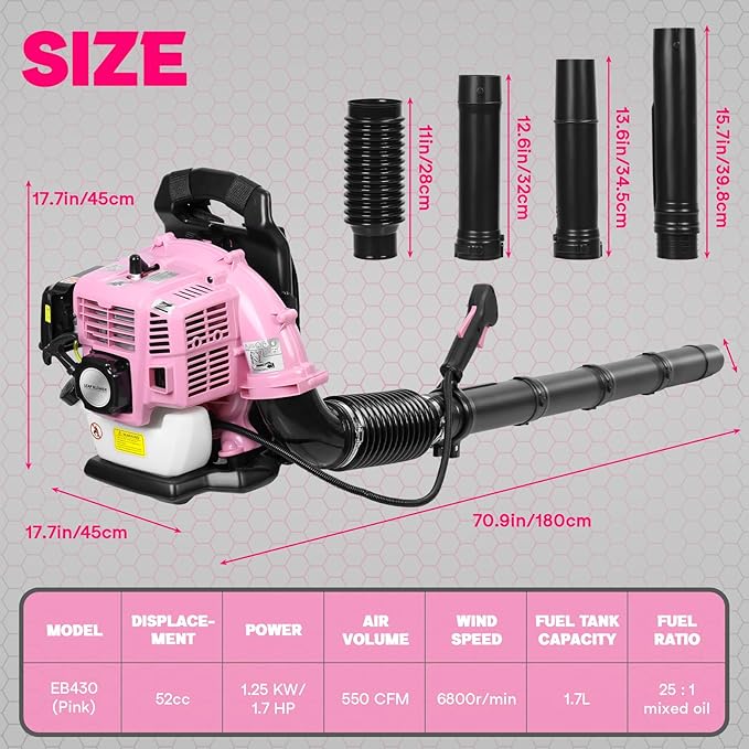 Backpack Leaf Blower 52CC 550CFM 2 Stroke Gas Leaf Blower Leaf Blower with Air Cooling Gasoline Backpack Blowers Gas Powered Snow Blower for Outdoor (Pink)