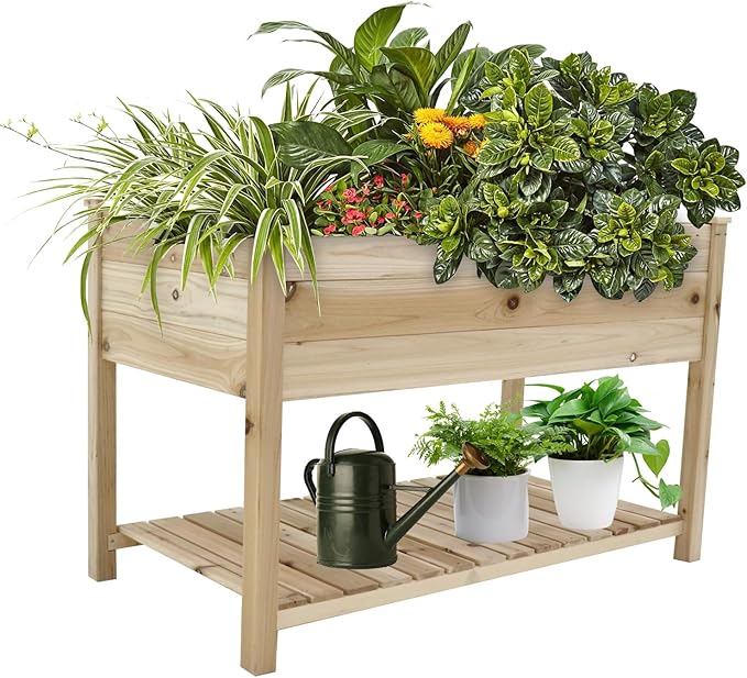 Raised Garden Bed Planter Box with Legs &amp Storage Shelf Wooden Elevated Vegetable Growing Bed for Flower/Herb/Backyard/Patio/Balcony 48.5x30x24.4in(colourless)
