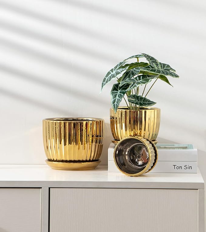Ton Sin Gold Plant Pots4.1+5.1+6.5 Inch Ceramic Succulent Planters Set of 3 Mini Indoor Flower Pot with DrainageHandmade Decorative Ceramic Orchid and Herb Pots(Gold)