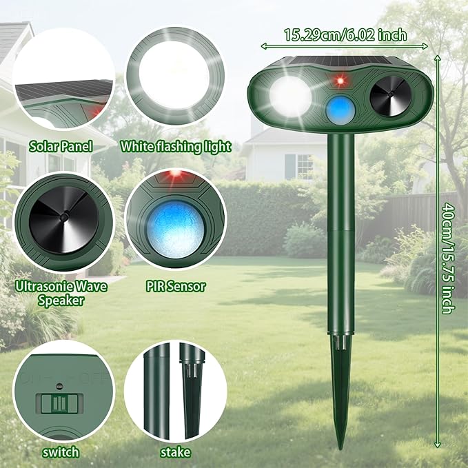 2Pack 2026 Solar Ultrasonic Animal Repellent Outdoor Cat Repellent Devices with Motion Detection&ampFlash Light Squirrel Rabbit Dog Cat DeterrentKeep Rodent Chipmunk Raccoon Deer Away for Yard Garde