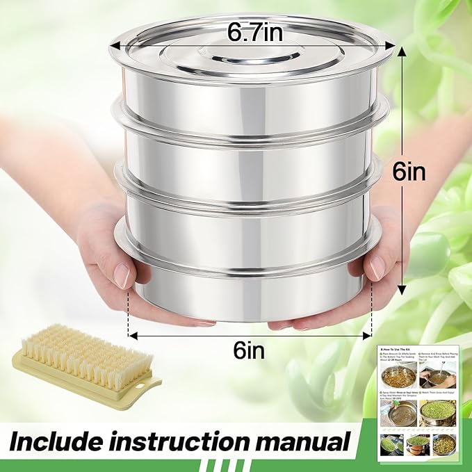 Stainless Steel Seed Sprouting Kit - 4-tier Microgreens Growing Tray 6in Dia Stackable Round Seed Sprouter Maker with Encrypted Mesh Sprouts Grower for Beans Broccoli Alfalfa Seeds Wheat Grass
