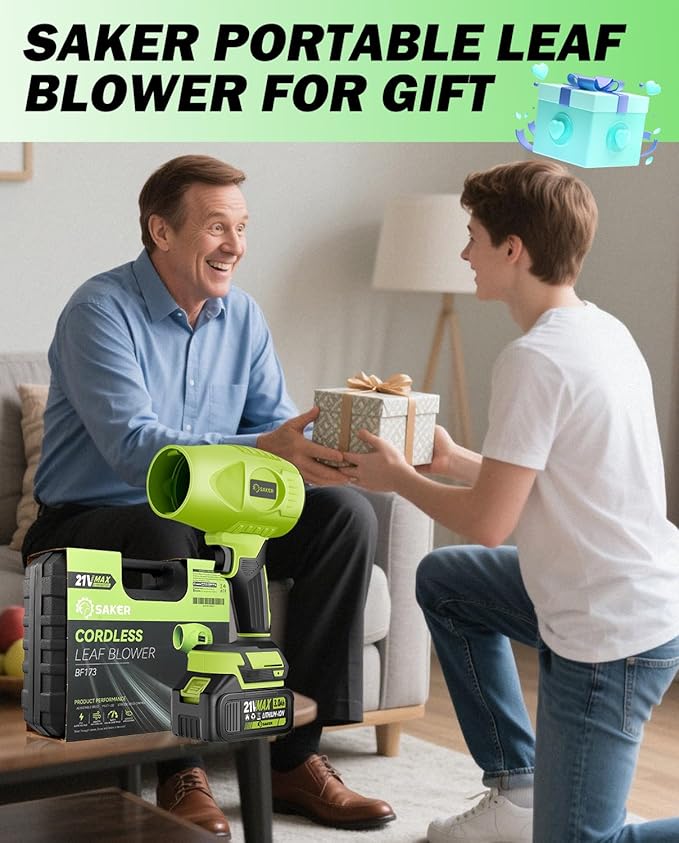 Saker Cordless Leaf Blower Handheld Blower Portable Dust Cleaner 180000 RPM with Adjustable Speed for Drying Patio Cleaning Camping Gifts 2 Batteries Green with Case