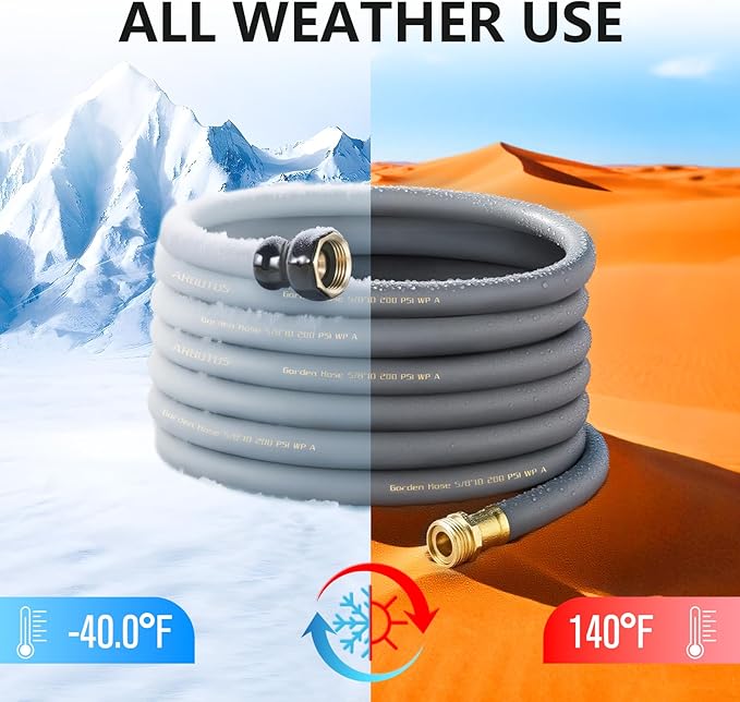Garden Hose 5/8 x 25ft - Brass Rubber Heavy Duty Water Hose 600 PSI Burst Pressure Durable Flexible Hose for Yard Car Wash Pets Gray