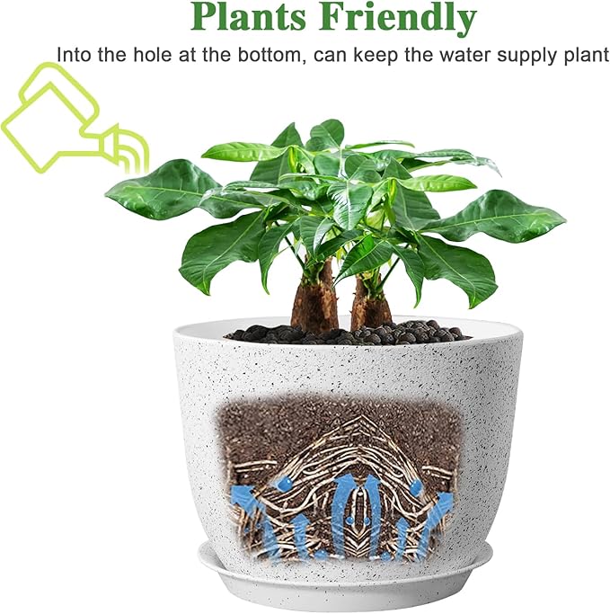 12/10/9 Large Modern Plant Pots Plastic Planters with Drainage Holes and Saucers for Indoor Outdoor Plants Flowers White Speckles