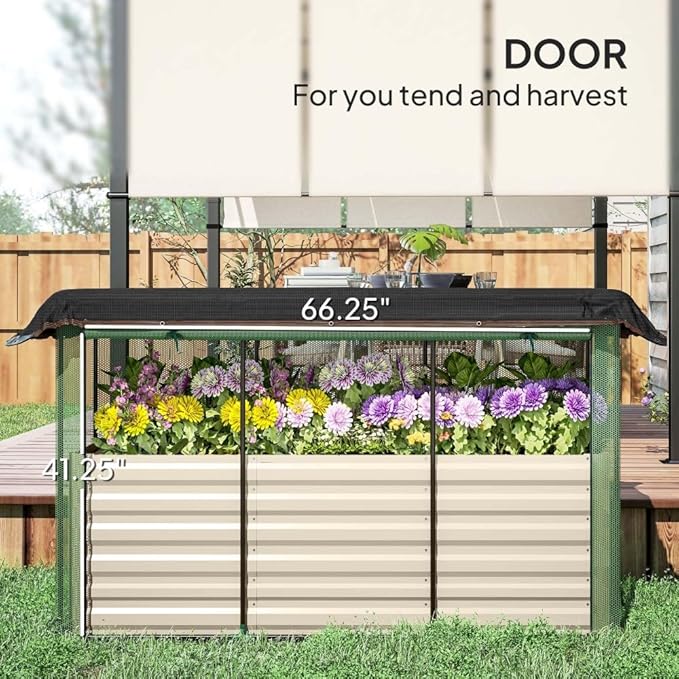 Heavy-Duty Galvanized Steel Raised Garden Bed Kit with Assembly Tools Sturdy Planter Box for Vegetables Flowers and Herbs (Beige + HDPE + Steel-1)