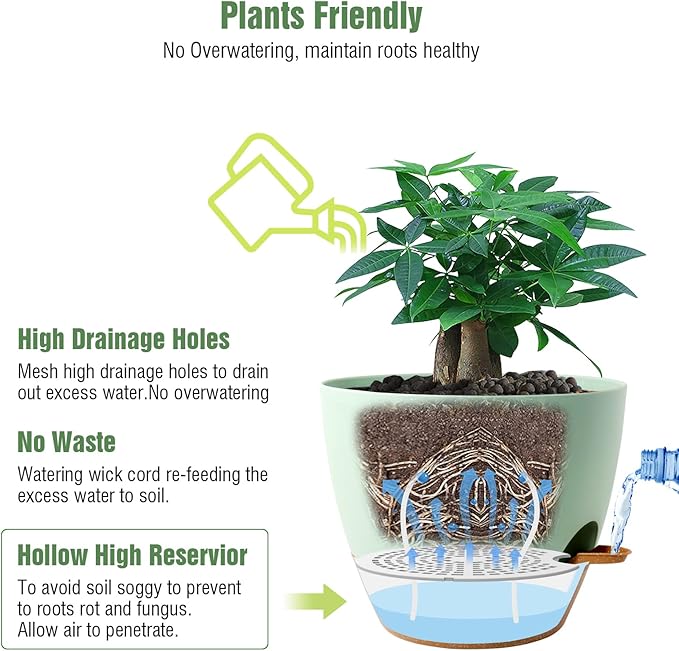 12 inch Large Self Watering Pots Plastic Planters with 60oZ Removable Deep Reservoir and Multi Mesh Drainage Holes for Indoor Outdoor Garden Plants and Flowers Green with Brown