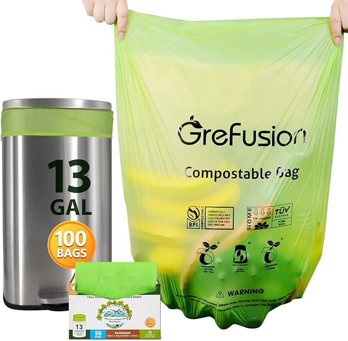 Compostable BagsTrash bags 13+ gallon tall kitchen Compostable Trash Lawn &amp Leaf Yard Waste BagsKitchen Compost Trash Bin CompatibleExtra Thick1.01 MillsCertified by BPI and OK Compost