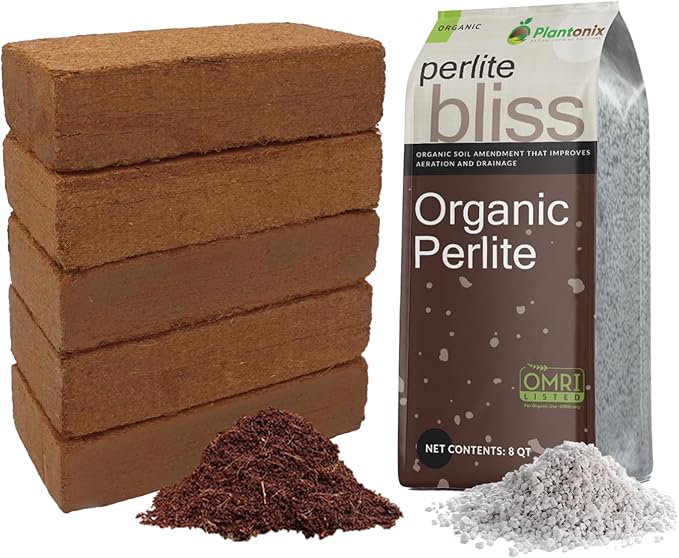 Coco Bliss 650gm Bricks (5-Pack) + Perlite Bliss (8 Qts) - Coco Coir Bricks &amp Organic Perlite for Plants - Coco Coir Perlite Mix - Organic Coco Coir for Plants - Coconut Coir Bulk Potting Soil Mix