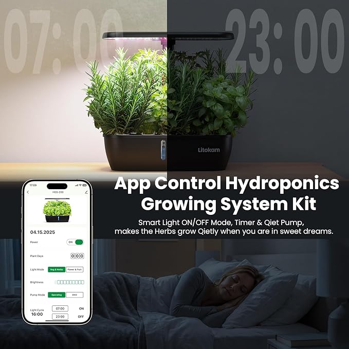 litokam Hydroponics Growing System Kit 15 Pods Indoor Herb Garden with Smart APP &amp Quiet Pump 24W LED Light Auto Timer Perfect Indoor Garden for Herbs Vegetables &amp Flowers Ideal for Plan