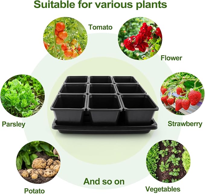 50Pcs 3.5inch Square Nursery Pots with 5Pcs Seed Starting Trays Seed Starter Tray Kit Seeds Starting Germination Seeding Pots with Drain Holes Small Plant Nursery Propagation