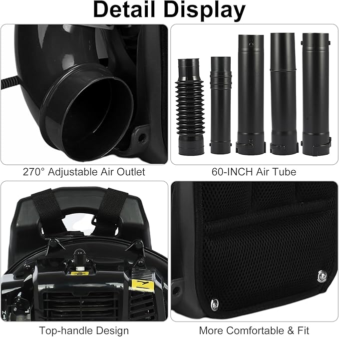 Backpack Leaf Blower 52CC 2-Stroke Gas Powered Leaf Blower 550CFM 1.25KW Air-Cooled Power Blower Snow Blower for Lawn Care Yard Dust Debris (Black)