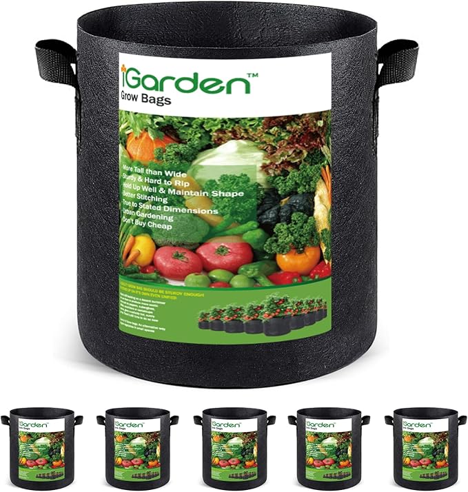 iGarden Grow Bags Tall20 Gallon Grow Pots 5 Pack with Handles Heavy Duty 320G Thickened Nonwoven Fabric Plant Bag for Vegetables Black