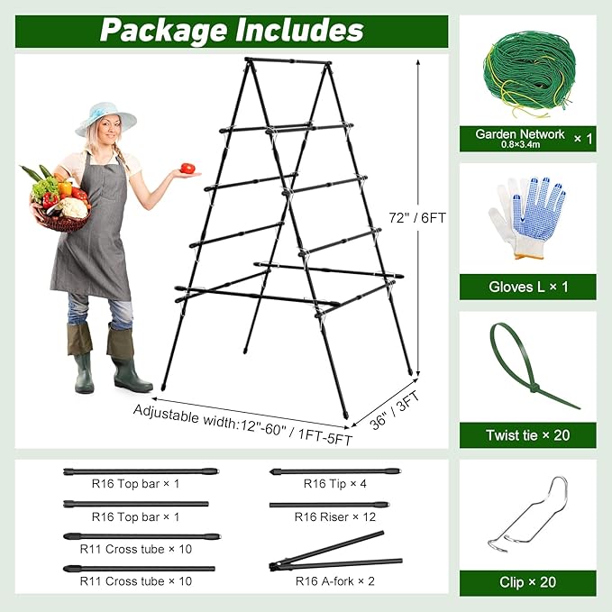 6ft Cucumber Trellis for Raised Bed Garden Trellis for Climbing Plants Outdoor A Frame Metal Trellis Support with Net for Vegetables Tomato Zucchini Squash Beans Peas Melons Rose FlowersVines