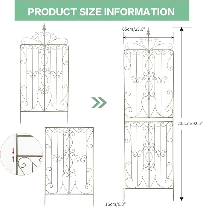 Sungmor 2 Pack Large Garden Trellis for Climbing Plants 92.5 Inch Tall Rustic Green Garden Metal Trellis Decorative Trellis for Outdoor Rose Vines Cucumbers Support Greenhouse Flowerbed Backyard