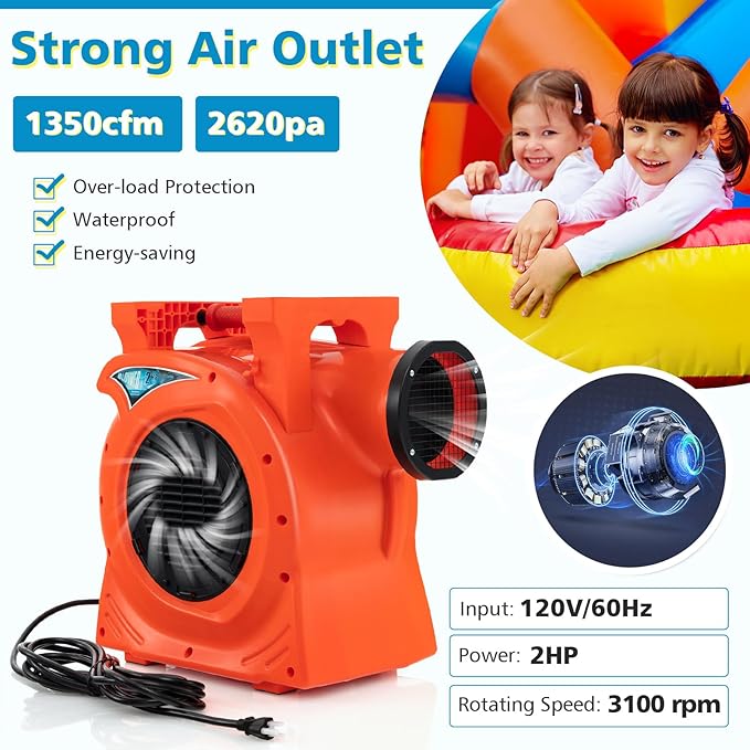 HONEY JOY Commercial Air Blower 2HP/1500W High Power Bounce House Blower Integrated Handle Air Blower for Large Outdoor Inflatables Air Sofas Electric Pump Fan for Bouncy Castle (2HP/1500W)