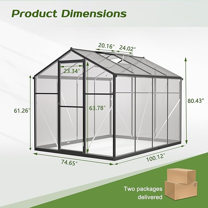 6.2x8.3FT Greenhouse for OutdoorsPolycarbonate Heavy Duty Greenhouse Large Winter Proof Walk-in Green House Aluminum Frame greenhouses for Outdoors Heavy DutyBlack
