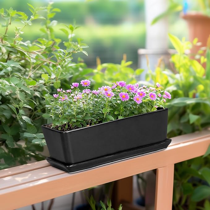 SQOWL Rectangle Planter - 10 Inch Ceramic Plant Pots with Drainage Hole and Saucer Rectangular Succulent Planters for Indoor Plants Flower Cactus Herb Pots Outdoor Room Decor Garden Gifts Black