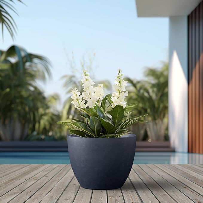 Kante 17.3 Inch Round Concrete Planter - Classic Large Indoor/Outdoor Plant Pot with Drainage Hole and Rubber Plug Suitable for Gardens and Patios Charcoal