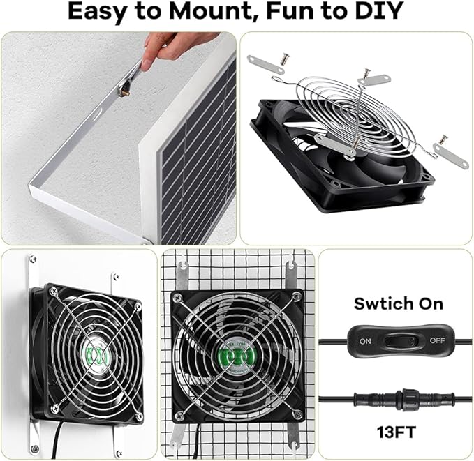 Solar Powered Fan Solar Fan for Shed Chicken Coop Greenhouse Outside with Two IPX7 Waterproof 5In Fans 13Ft On/Off Switch Cable Exhaust Intake Mounting Way and Installation Kits