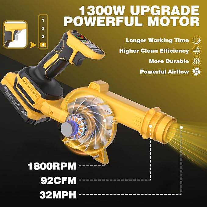 20V Cordless Leaf Blower with Battery &amp Charger - 4-Speed Electric Blower with 92CFM Lightweight for Quick Yard Cleanup Patio Driveway &amp Dust Removal - Complete Lawn Care Blower Kit