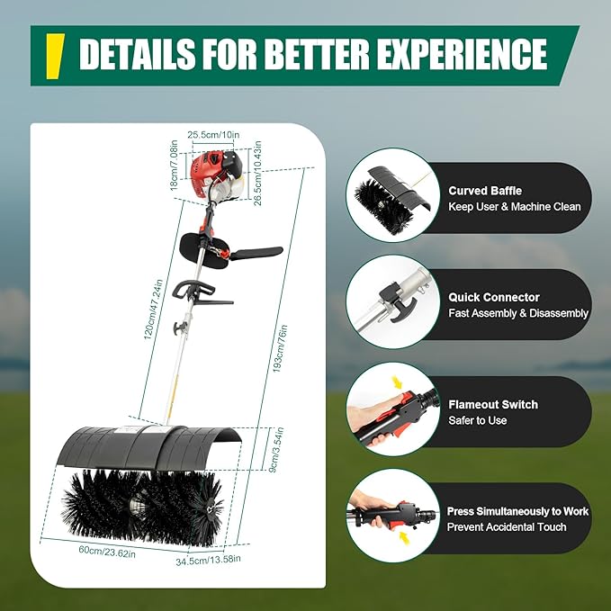 DNYSYSJ 52cc Handheld Sweeper 2-Stroke Gas Power Sweeping Broom Single Cylinder Walk Behind Sweeper Cleaning Driveway Turf Lawns Artificial Grass Power Brush Lawn Sweeper Cleaner Tools for Walkway
