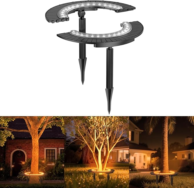 Solar Palm Tree Light Wireless Landscape Warm White Tree Ring Uplight Solar Powered12000 mAh &amp 32 LEDs Outdoor Yard Lighting 3000K Solar Powered Flood Lights for Large Tree Yard Garden
