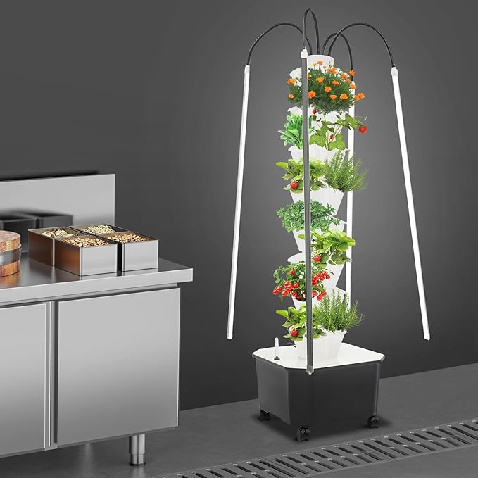 Hydroponic Growing Tower with LED Grow Lights 40-Plant Vertical Garden Indoor Outdoor System 5 Holes x 8 Tiers Hydroponics Kit with Water Pump Wheels &amp Brakes for Vegetables Herbs